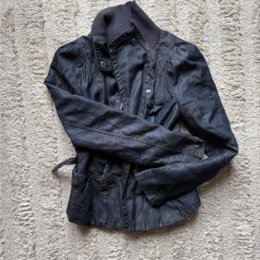 Armani Exchange Blue Jean Jacket with Collared Neckline